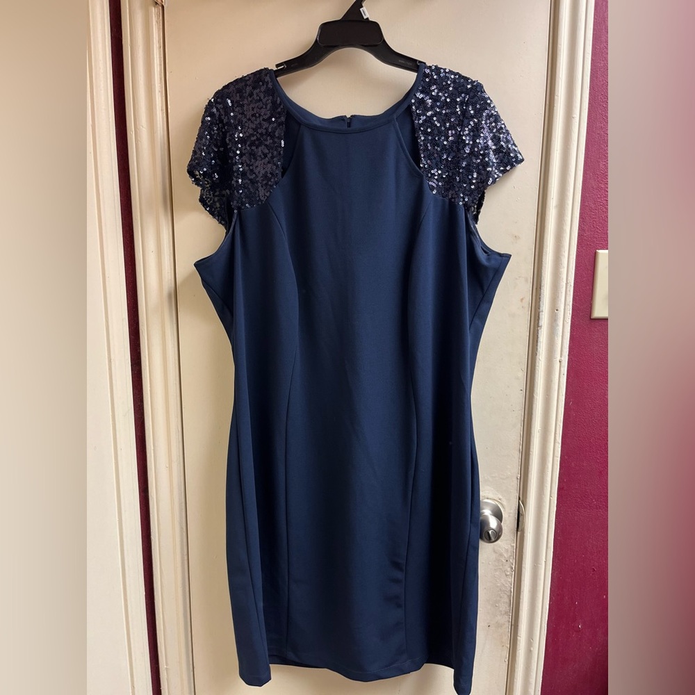 SL FASHIONS Navy Dress with Cut-out Sequin Sleeves